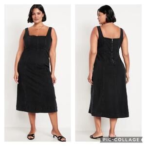Old Navy Fit Flare Black Denim Midi Dress Back Zipper Size Large